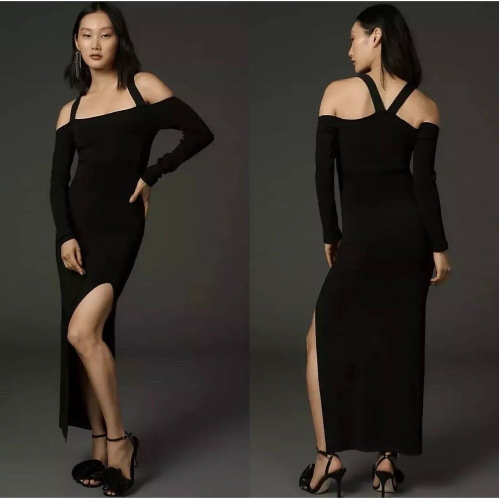 NWT Anthropologie Long-Sleeve Square-Neck Slim Knit Midi Dress M Black $220